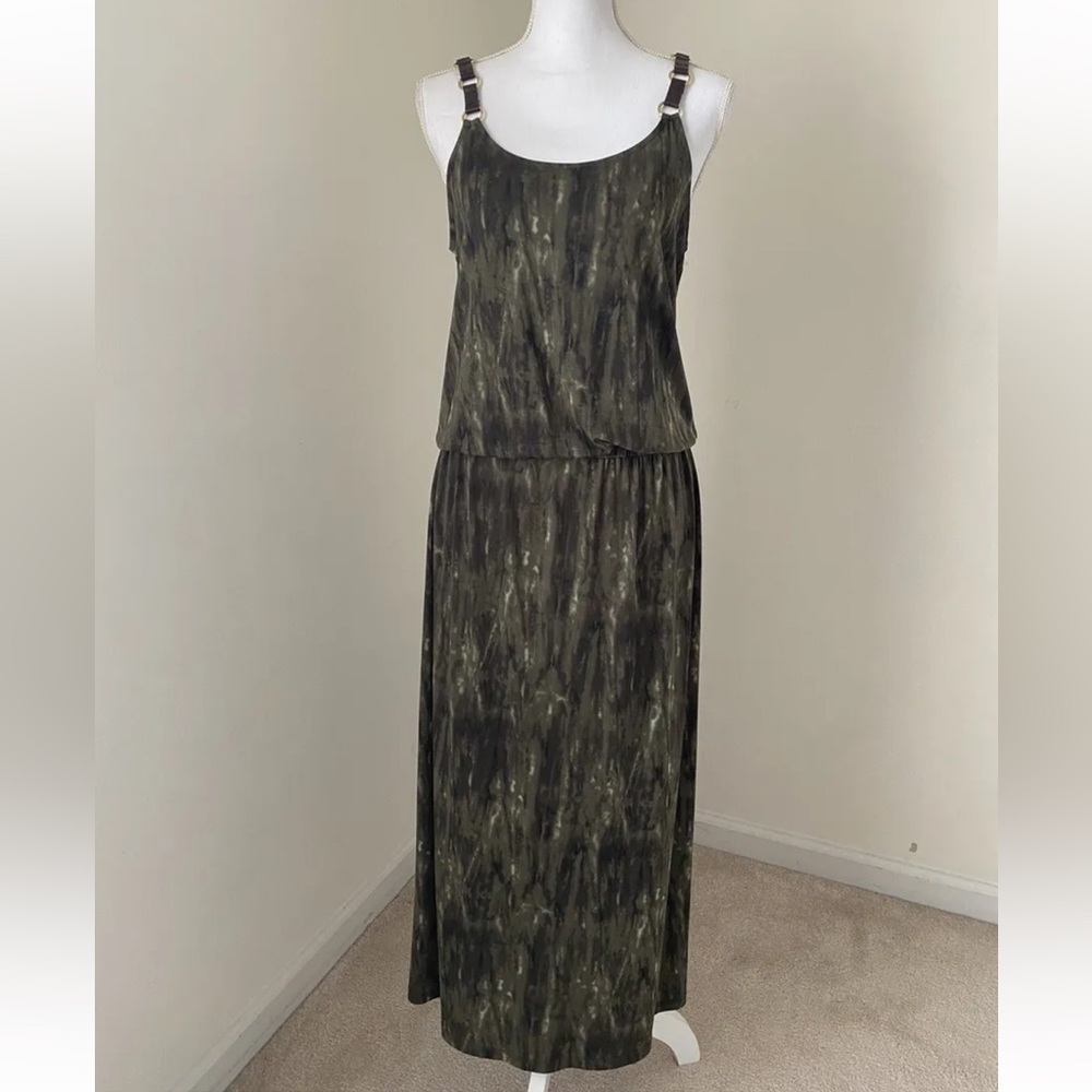 Michael Michael Kors Army Green Leather Strap Soft Sophisticated Maxi Dress S